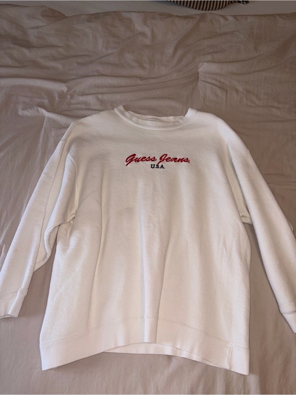 Guess White Crewneck Sweatshirt with Red Logo Script